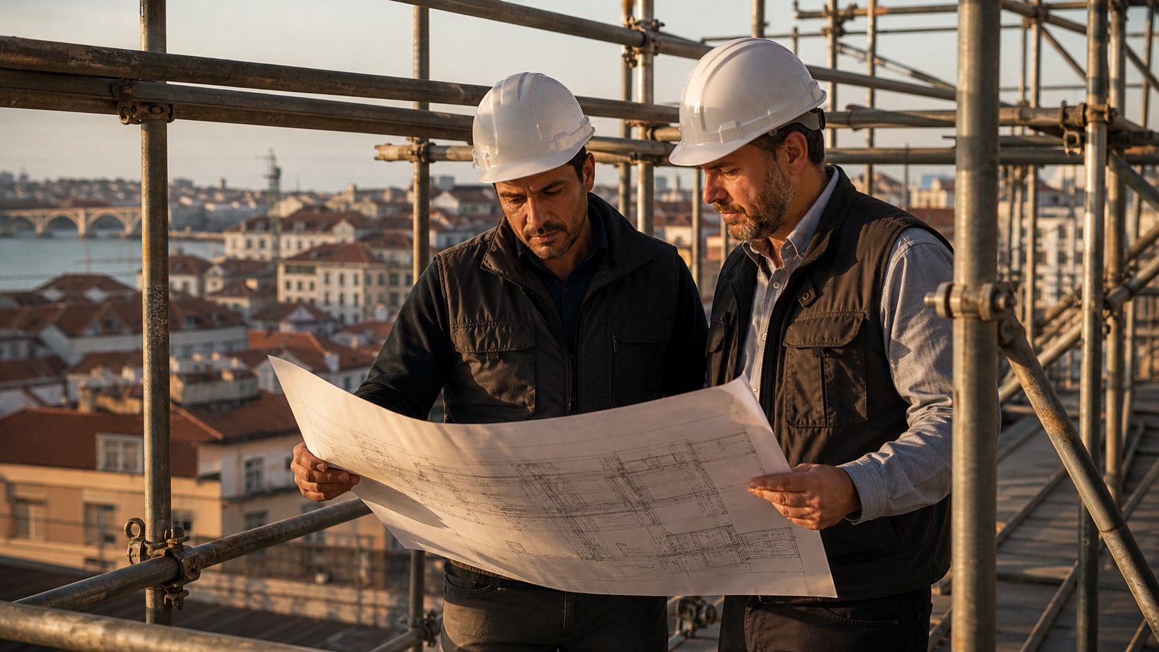 Equipa M&A Elo em obra — dois profissionais a rever plantas em andaime com Lisboa ao fundo