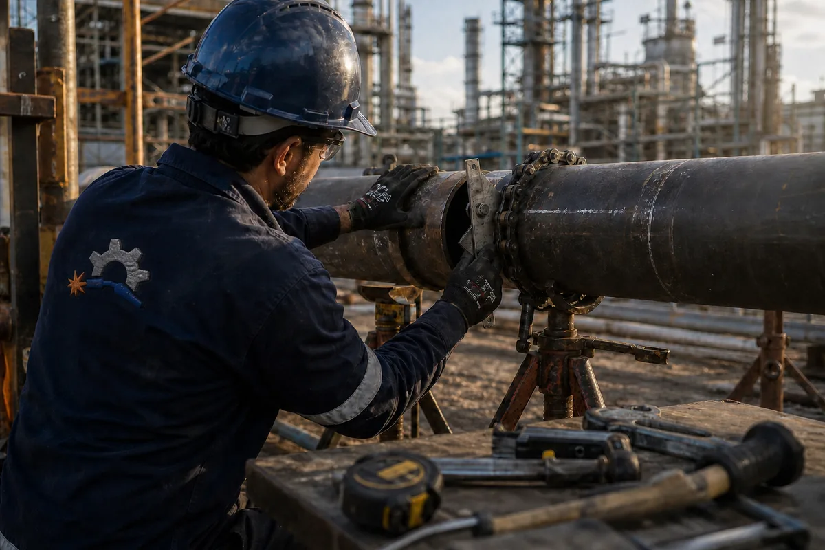 Tubista da M&A Elo em marcação de tubo sobre isométrico de linha industrial